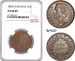 AF145, Sarawak, C. Brooke Rajah, 1 Cent 1889-H, Heaton, NGC AU58BN