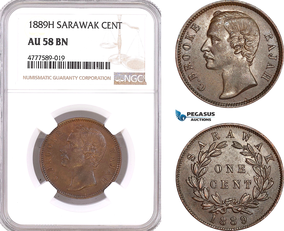 AF145, Sarawak, C. Brooke Rajah, 1 Cent 1889-H, Heaton, NGC AU58BN