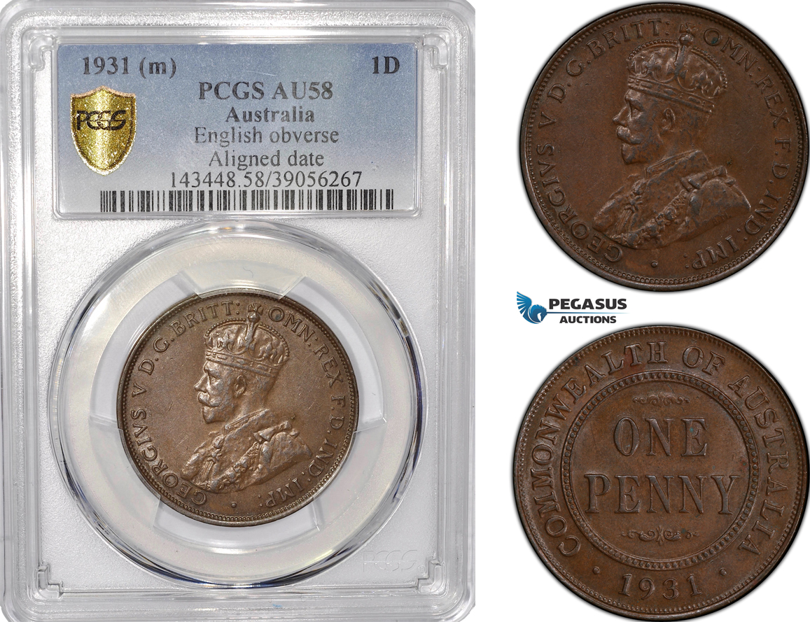 AF167-R, Australia, George V, Penny 1931 (M) Melbourne, Eng. Obv., Aligned Date, PCGS AU58BN