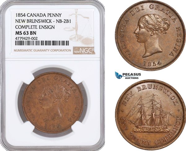 AF170, Canada, New Brunswick, Victoria, Penny 1854, Complete Ensign, NB-2B1, NGC MS63BN