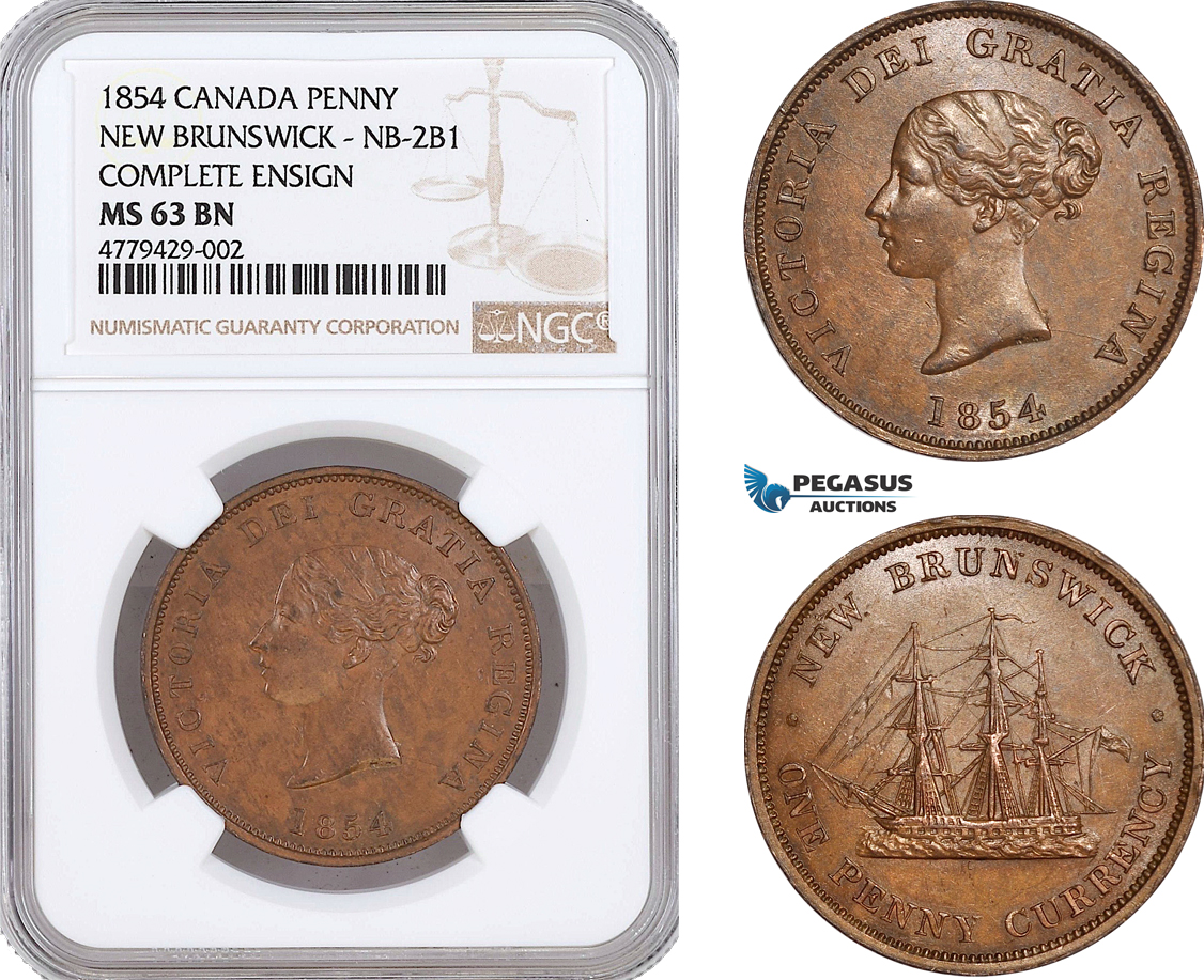 AF170, Canada, New Brunswick, Victoria, Penny 1854, Complete Ensign, NB-2B1, NGC MS63BN