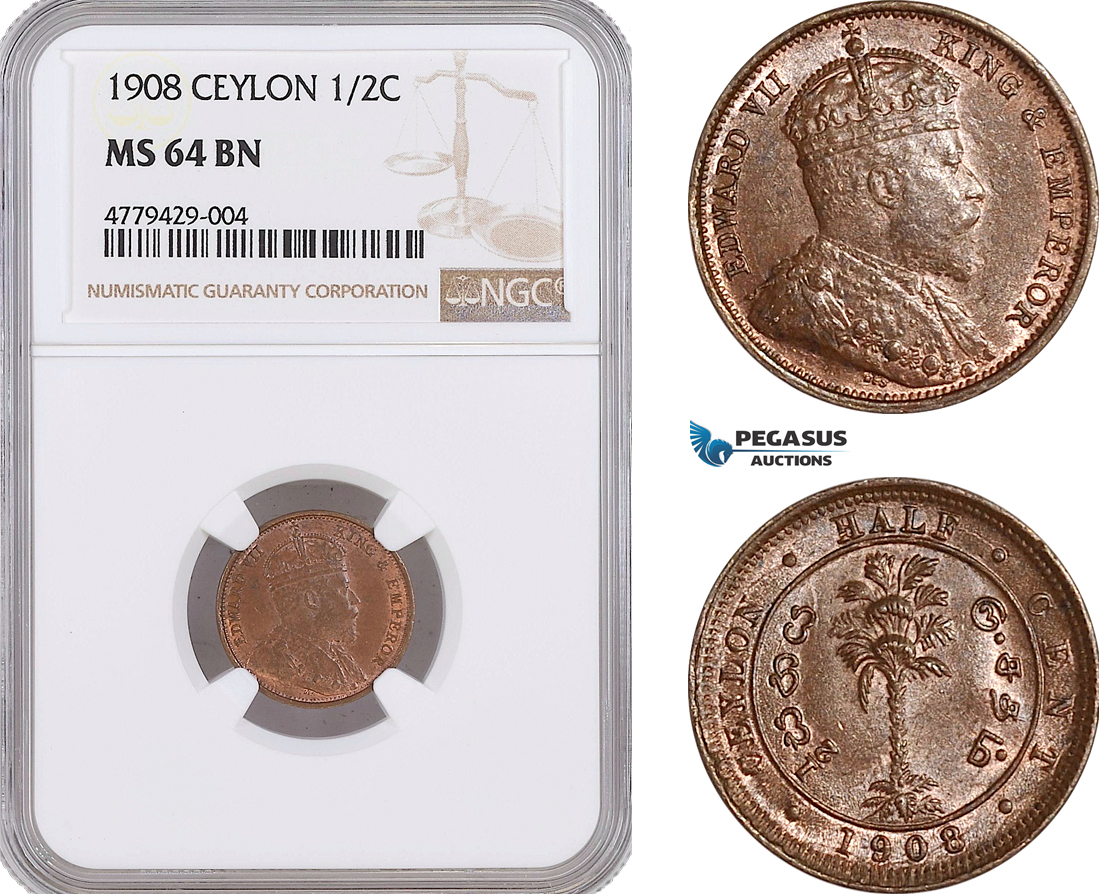AF173, Ceylon, Edward VII, 1/2 Cent 1908, NGC MS64BN