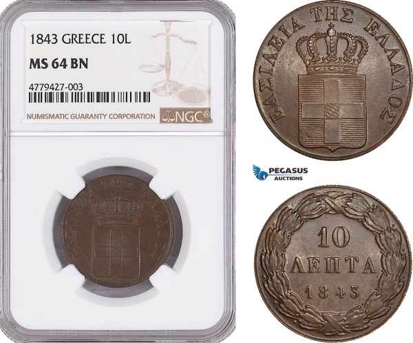 AF188, Greece, Othon, 10 Lepta 1843, Athens, NGC MS64BN