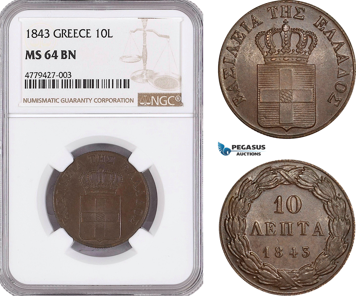 AF188, Greece, Othon, 10 Lepta 1843, Athens, NGC MS64BN