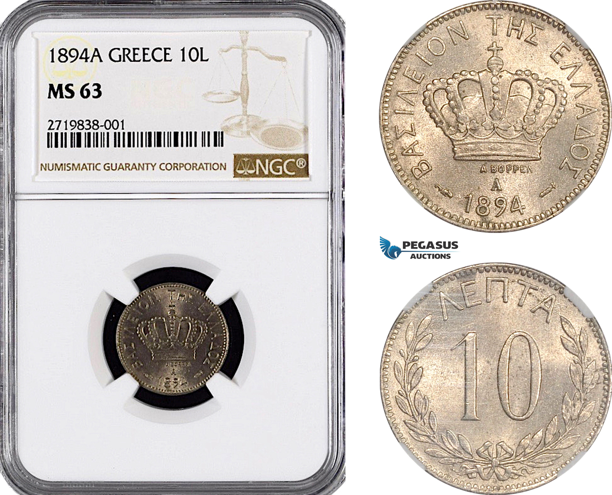 AF189, Greece, George I, 10 Lepta 1894-A, Paris, NGC MS63