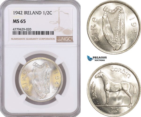 AF190, Ireland, 1/2 Crown 1942, Silver, NGC MS65