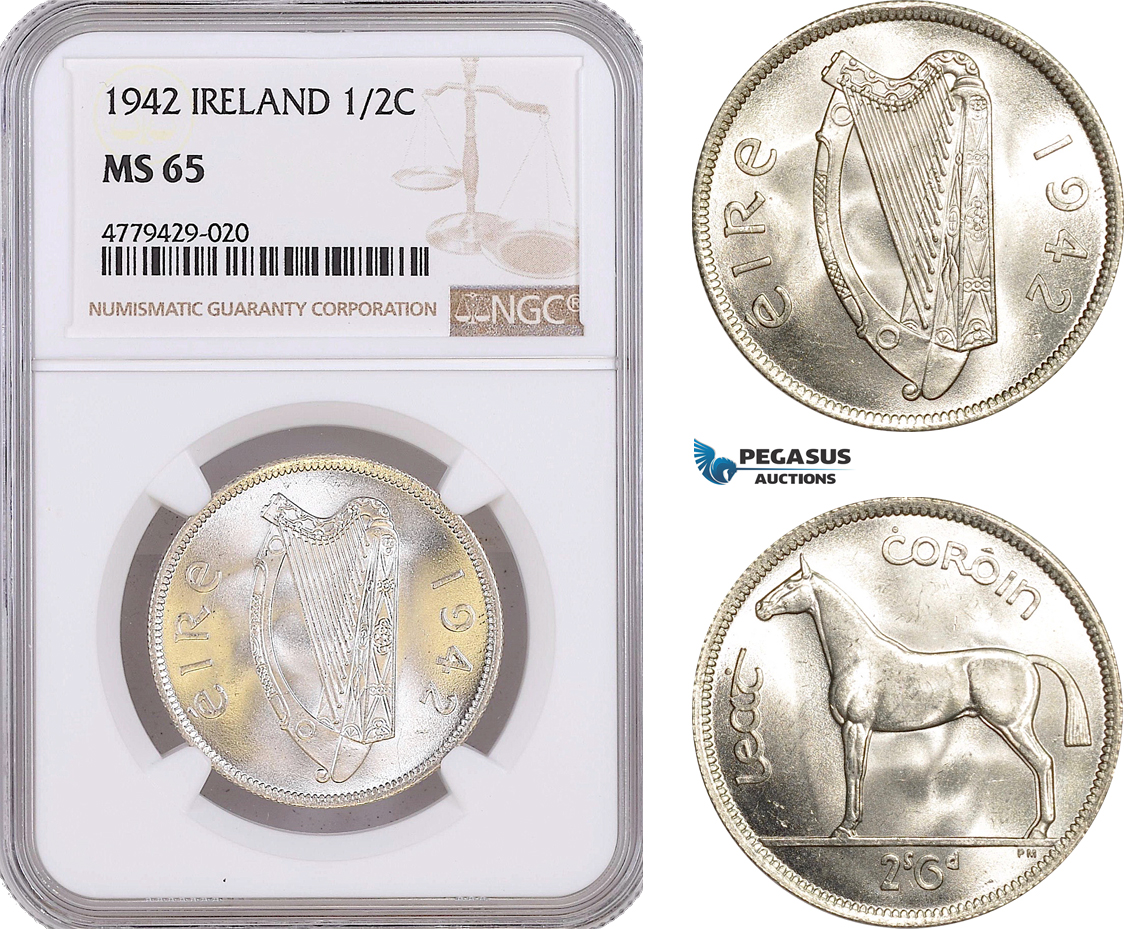 AF190, Ireland, 1/2 Crown 1942, Silver, NGC MS65