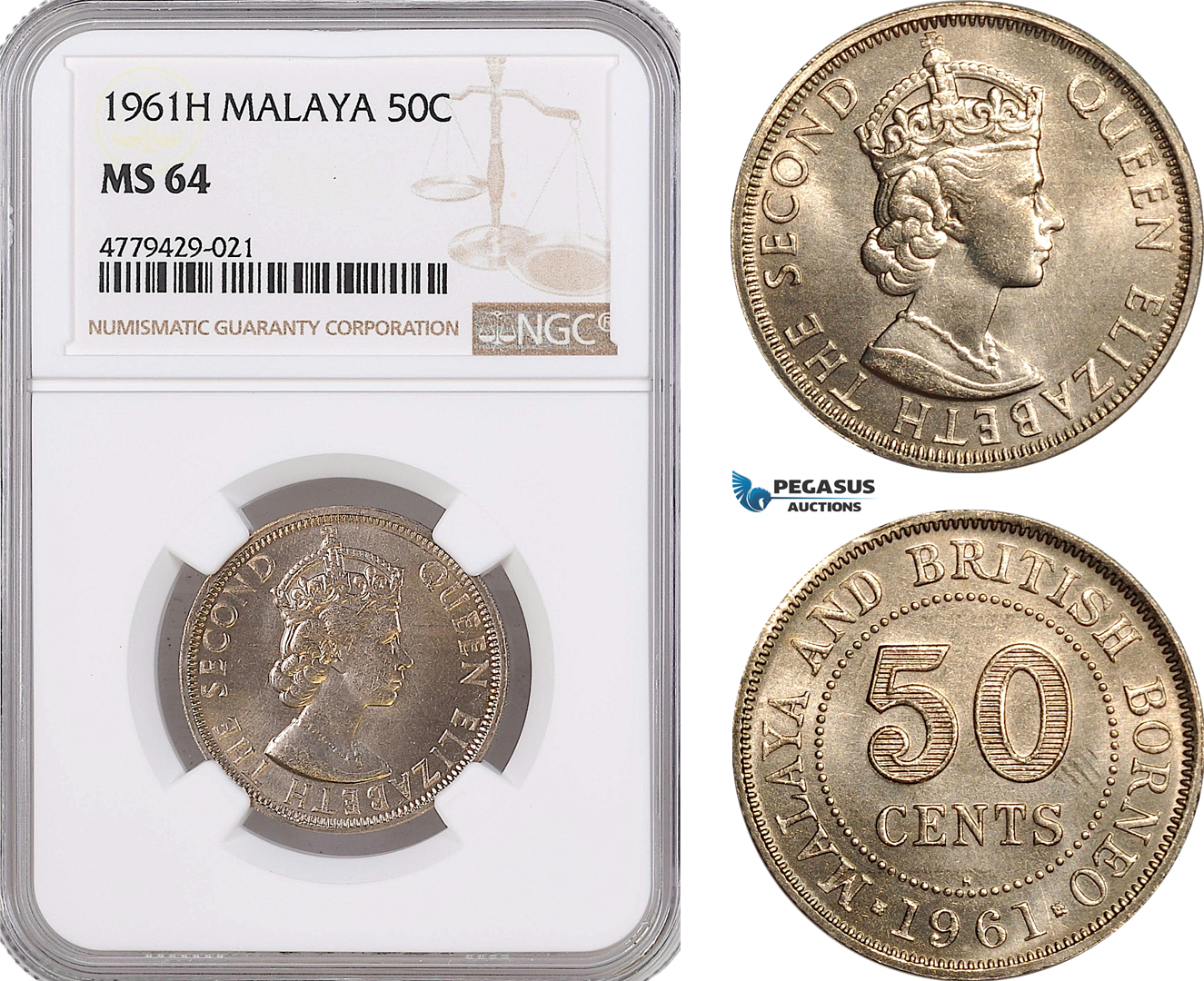 AF191, Malaya, Elisabeth II, 50 Cents 1961-H, Heaton, NGC MS64