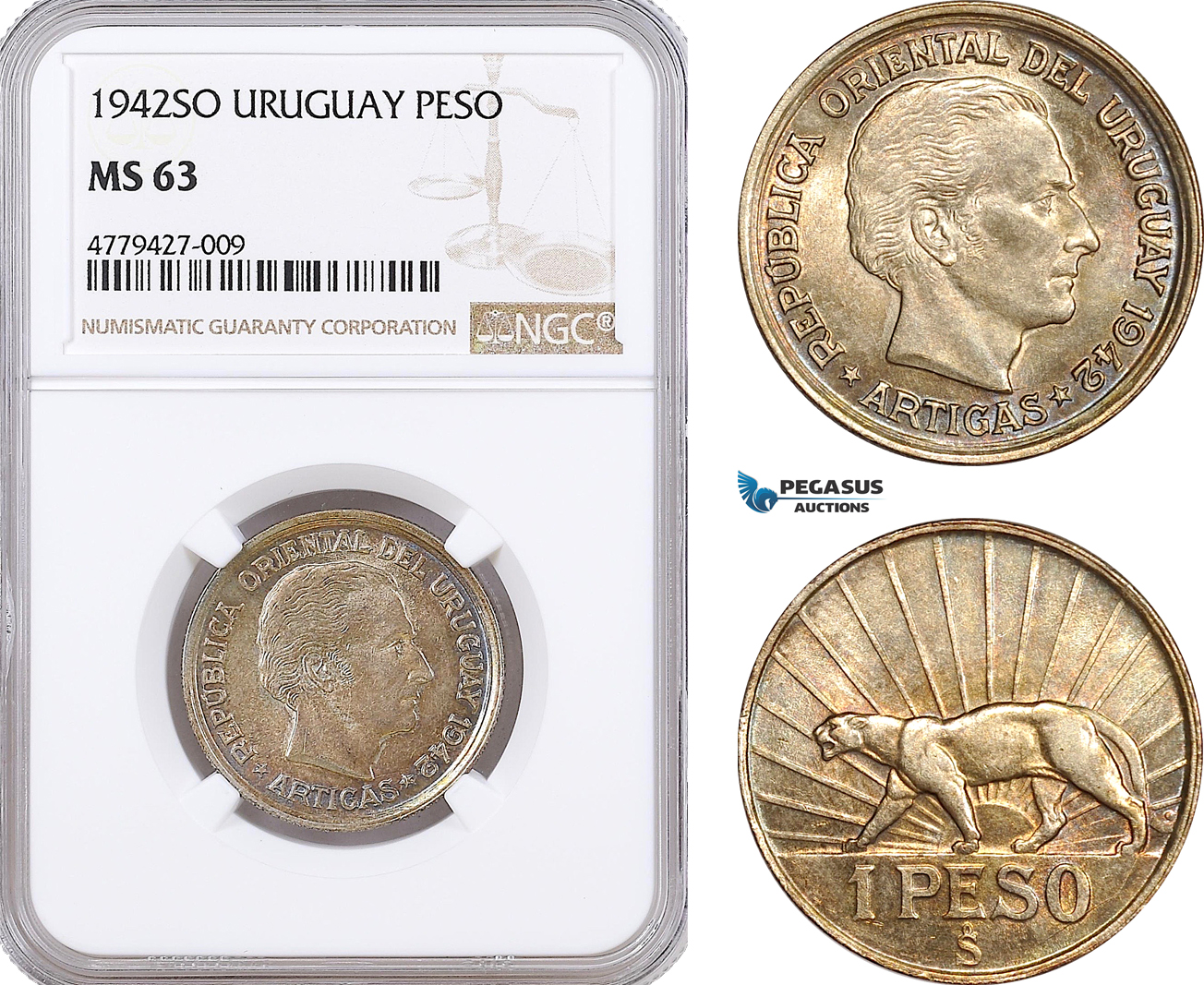 AF208, Uruguay, 1 Pero 1942-So, Santiago, Silver, NGC MS63