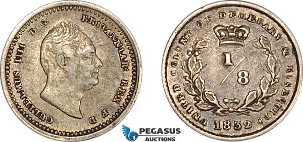 AF223, Essequibo & Demerary, William IV, 1/8 Guilder 1832, Silver, XF-AU