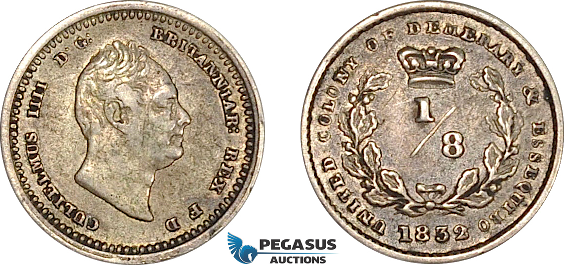 AF223, Essequibo & Demerary, William IV, 1/8 Guilder 1832, Silver, XF-AU