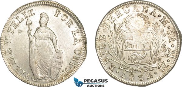 AF240, Peru, 8 Reales 1832 MM, Lima, Silver, Lustrous AU (Lightly cleaned)