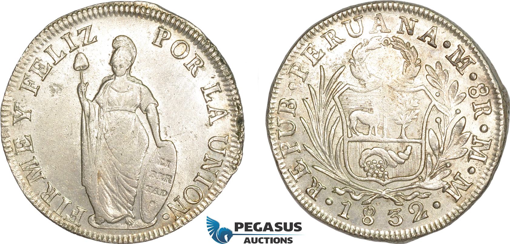 AF240, Peru, 8 Reales 1832 MM, Lima, Silver, Lustrous AU (Lightly cleaned)