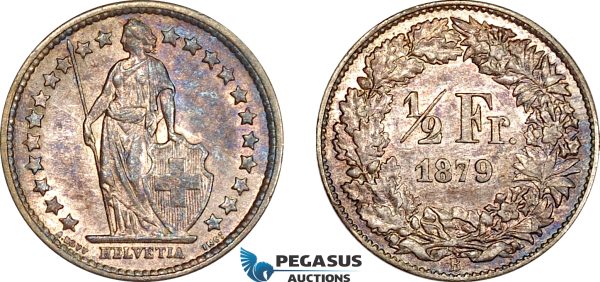 AF257, Switzerland, 1/2 Franc 1879-B, Bern, Silver, Toned AU