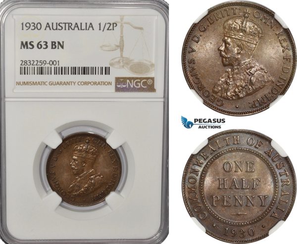 AF260-R, Australia, George V, Half Penny 1930, NGC MS63BN
