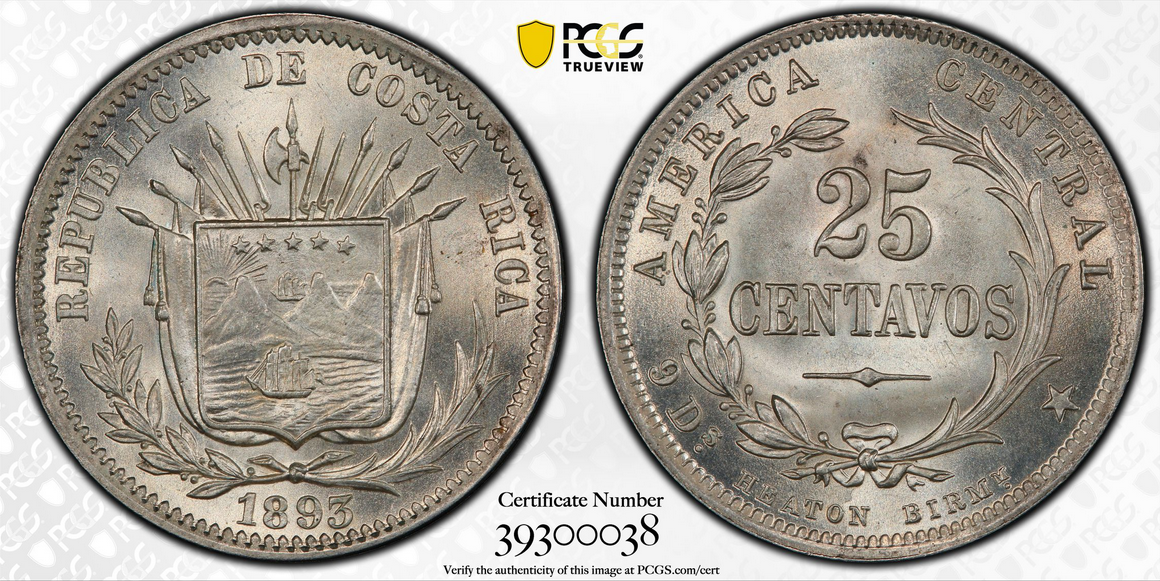 AF263, Costa Rica, 25 Centavos 1893 Heaton Birmm. Silver, PCGS MS66+, Pop 1/0