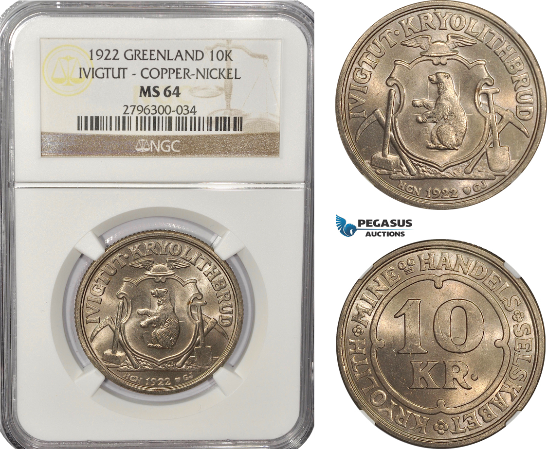 AF281-R, Greenland, Ivigtut, 10 Kroner 1922, Copenhagen, Cu-Ni, NGC MS64