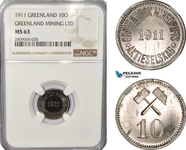AF283-R, Greenland, Greenland Mining Ltd, 10 Øre 1911, NGC MS63