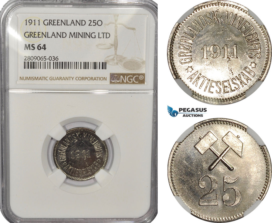 AF284-R, Greenland, Greenland Mining Ltd, 25 Øre 1911, NGC MS64