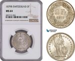 AF295, Switzerland, 2 Francs 1879-B, Bern, Silver, NGC MS64, Top Pop, Very Rare!