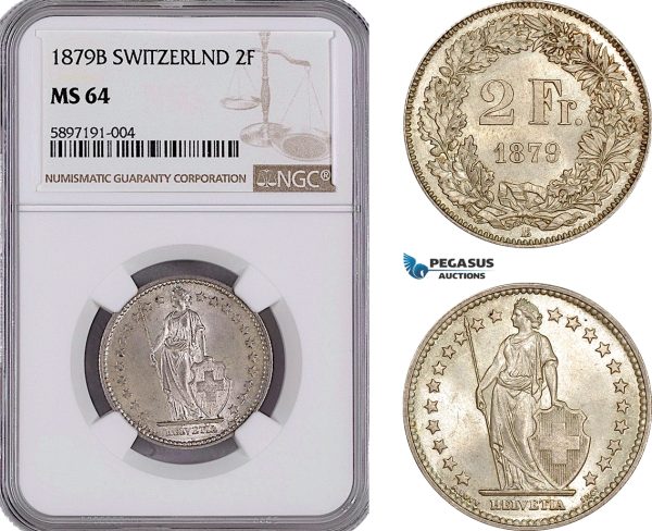 AF295, Switzerland, 2 Francs 1879-B, Bern, Silver, NGC MS64, Top Pop, Very Rare!