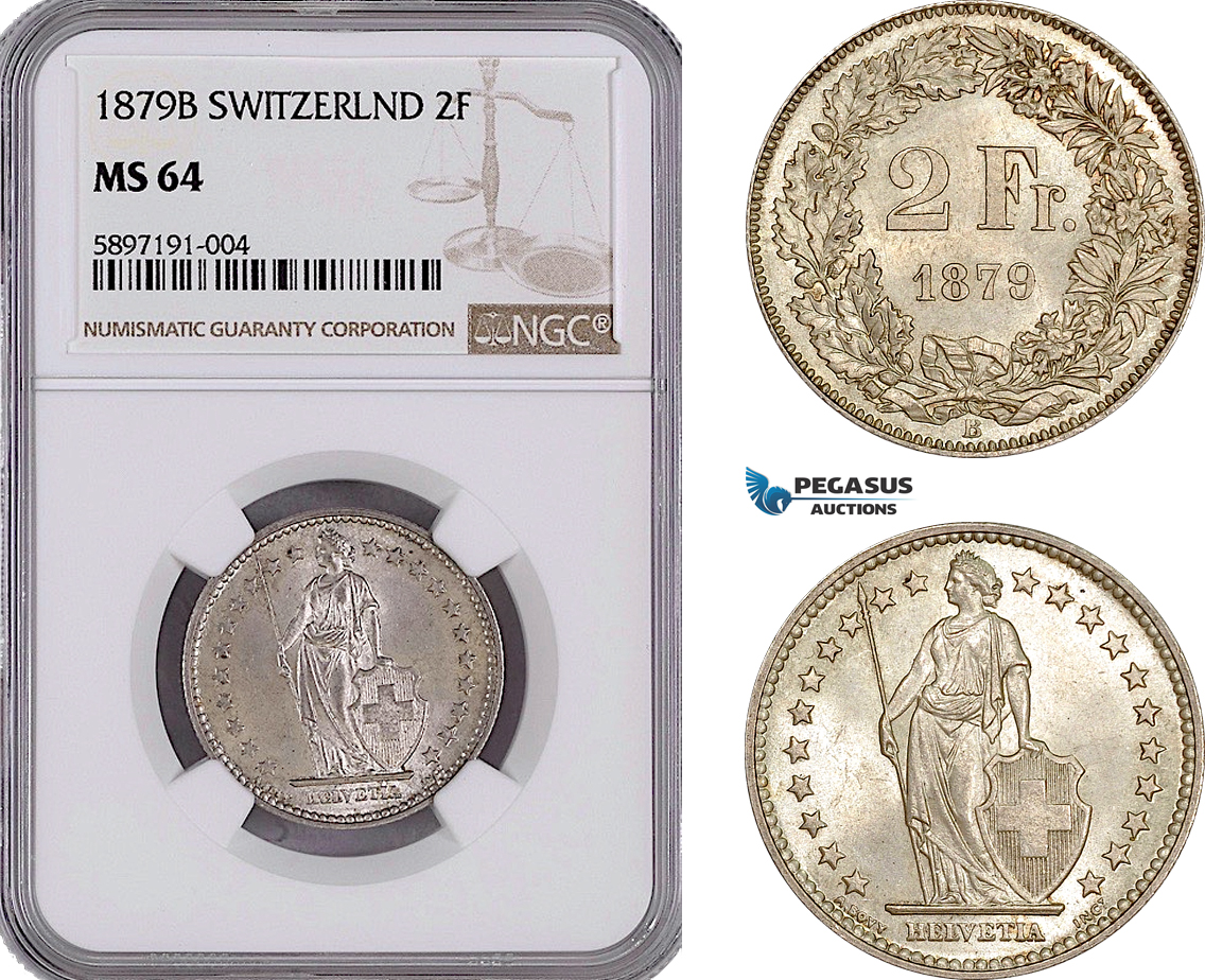AF295, Switzerland, 2 Francs 1879-B, Bern, Silver, NGC MS64, Top Pop, Very Rare!