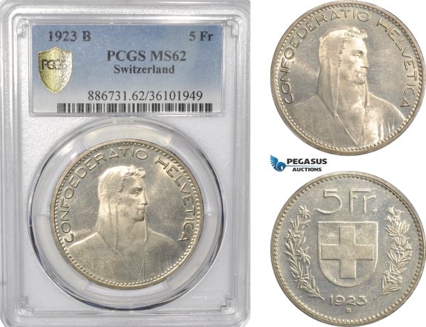 AF296, Switzerland, 5 Francs 1923-B, Bern, Silver, PCGS MS62