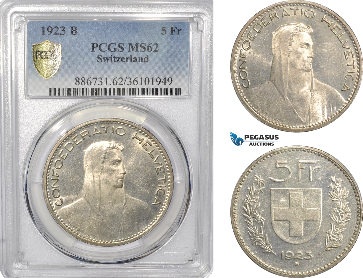 AF296, Switzerland, 5 Francs 1923-B, Bern, Silver, PCGS MS62