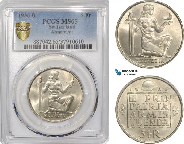AF298, Switzerland, 5 Francs 1936-B, Bern, Silver, "Armament" PCGS MS65