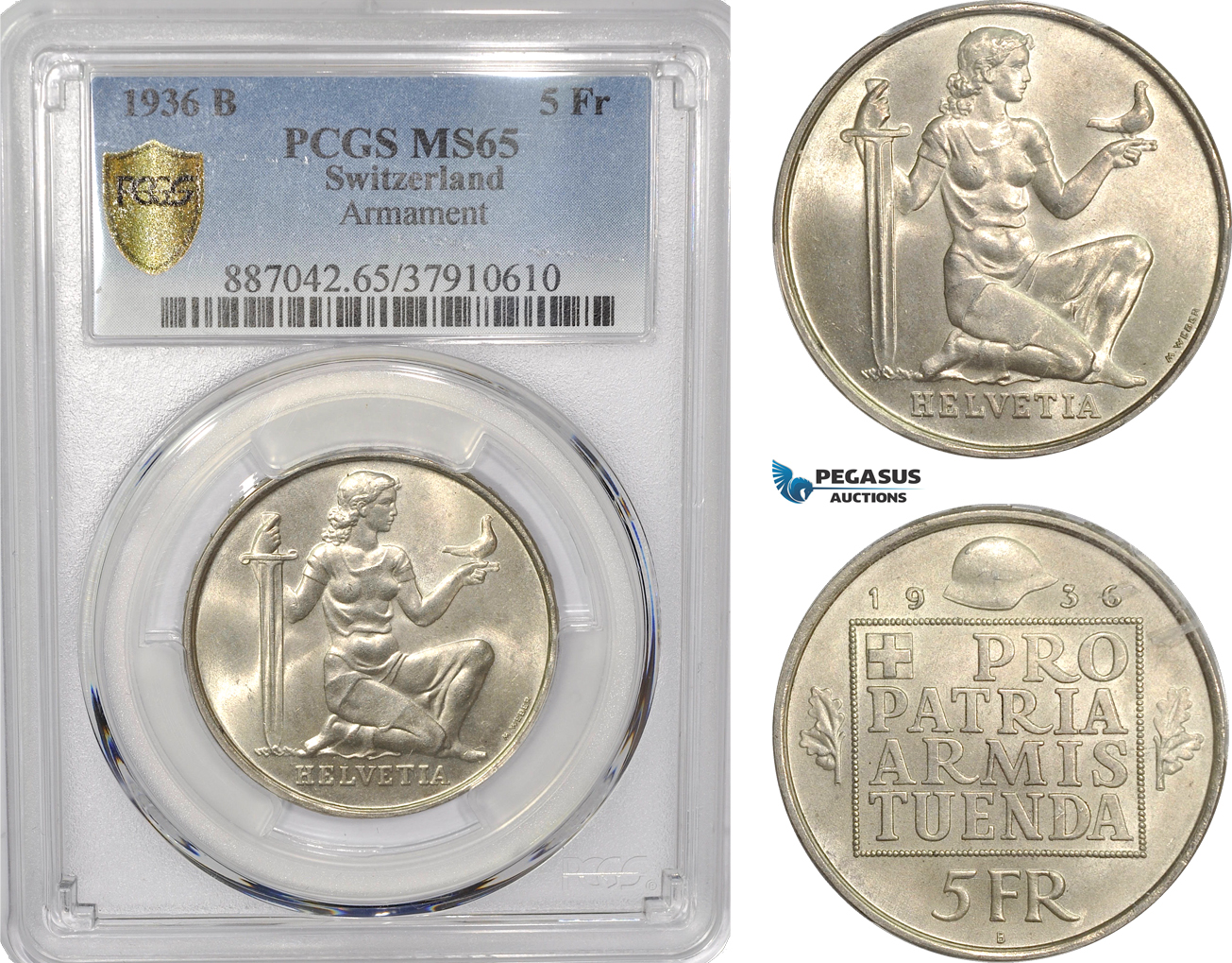 AF298, Switzerland, 5 Francs 1936-B, Bern, Silver, "Armament" PCGS MS65