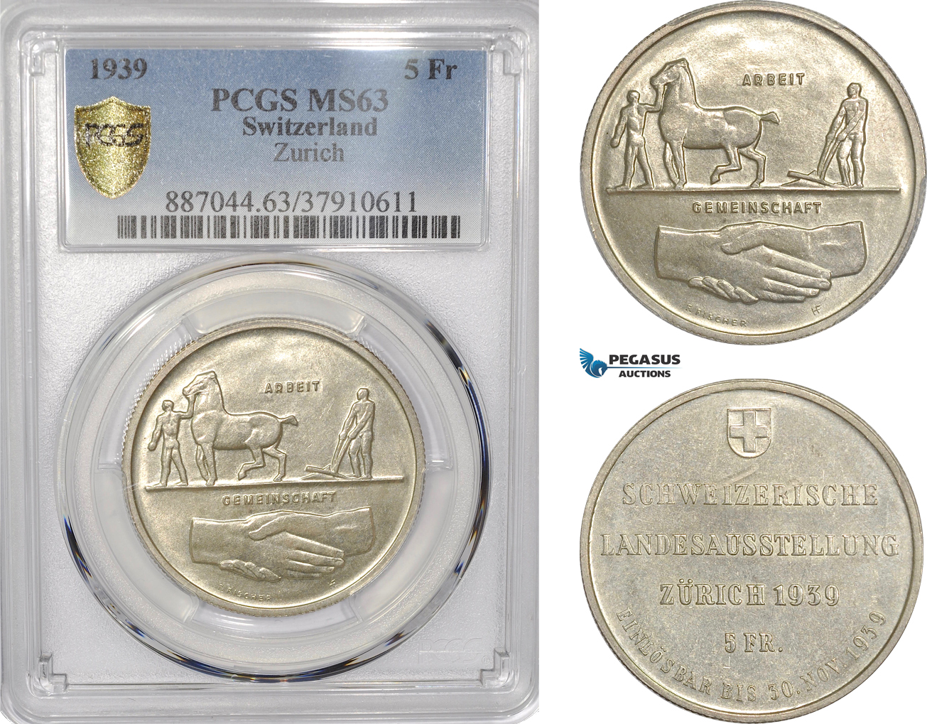 AF299, Switzerland, 5 Francs 1939, Silver, "Zürich" PCGS MS63