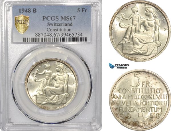 AF302, Switzerland, 5 Francs 1948-B, Bern, Silver, "Constitution" PCGS MS67
