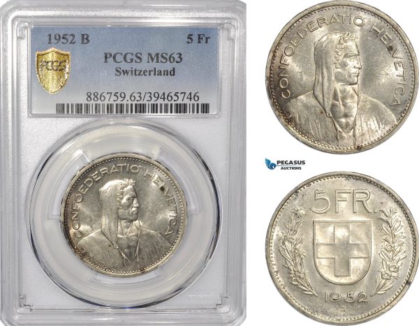 AF303, Switzerland, 5 Francs 1952-B, Bern, Silver, PCGS MS63