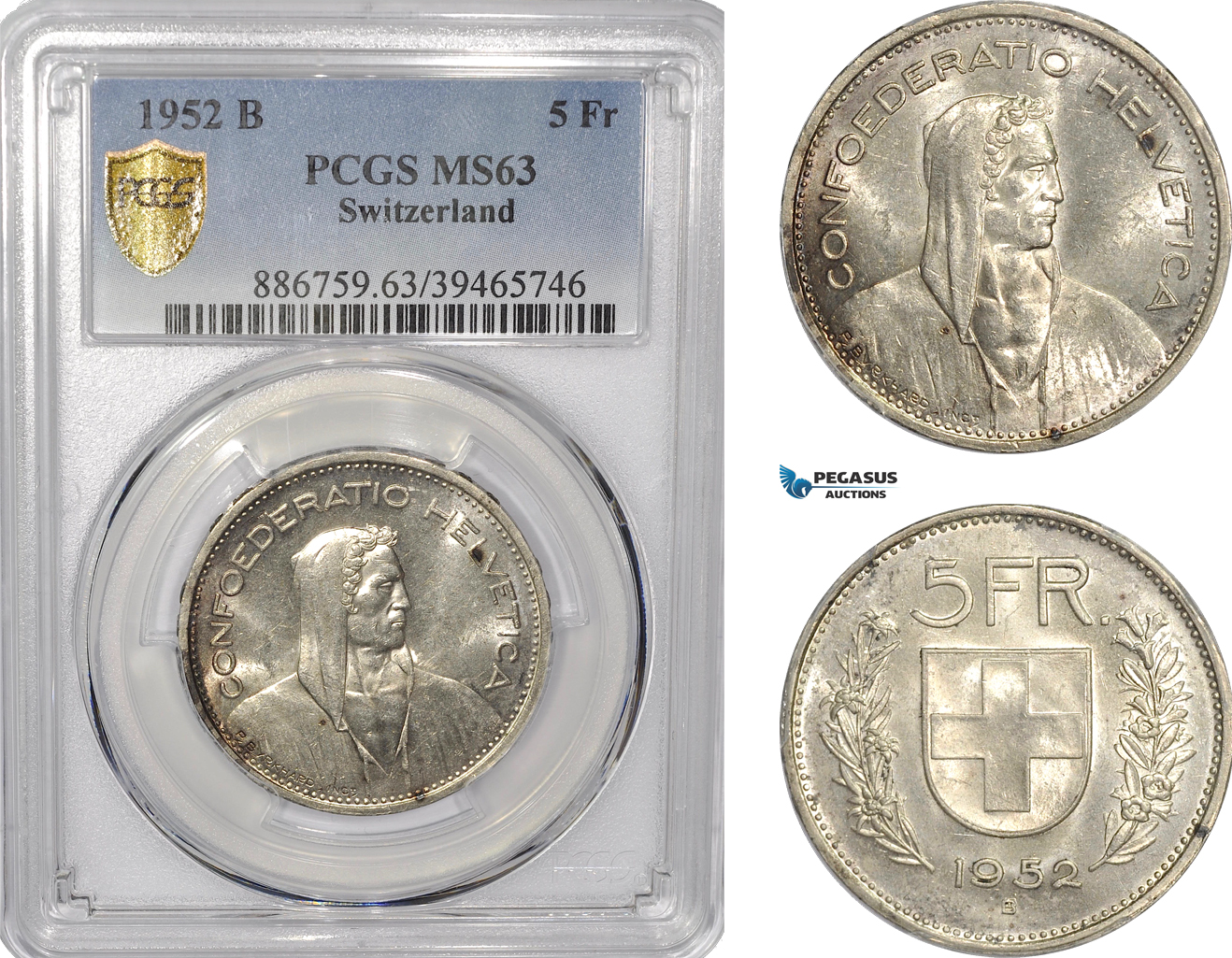 AF303, Switzerland, 5 Francs 1952-B, Bern, Silver, PCGS MS63