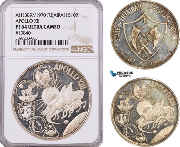AF304-R, United Arab Emirates, Fujairah, 10 Riyals AH1389 / 1970, Silver, Apollo XII, NGC PF64UC