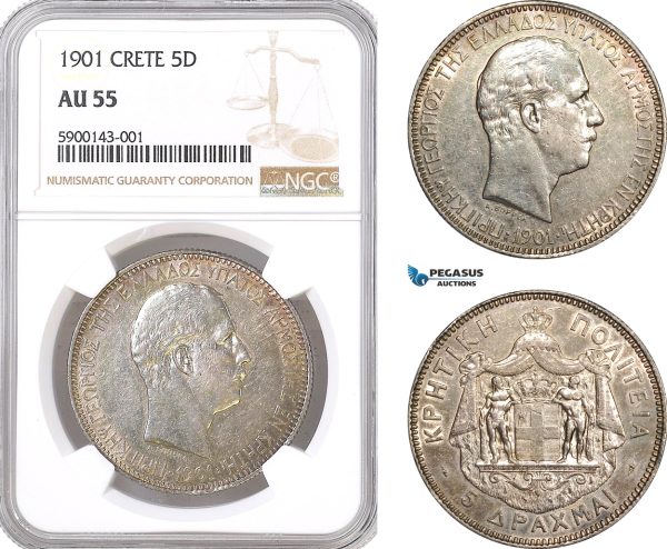 AF311, Crete, George I. of Greece, 5 Drachmai 1901, Paris, Silver, NGC AU55, Rare!