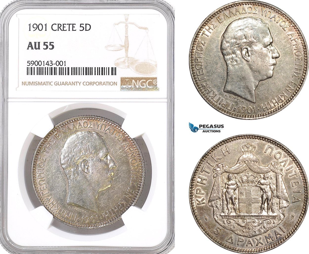 AF311, Crete, George I. of Greece, 5 Drachmai 1901, Paris, Silver, NGC AU55, Rare!