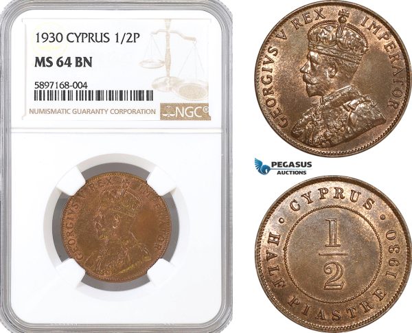 AF312, Cyprus, George V, 1/2 Piastre 1930, London, NGC MS64BN