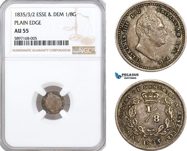 AF313, Essequibo & Demerary, William IV, 1/8 Guilder 1835/3/2, Silver, NGC AU55, Pop 1/2