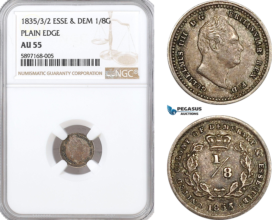 AF313, Essequibo & Demerary, William IV, 1/8 Guilder 1835/3/2, Silver, NGC AU55, Pop 1/2