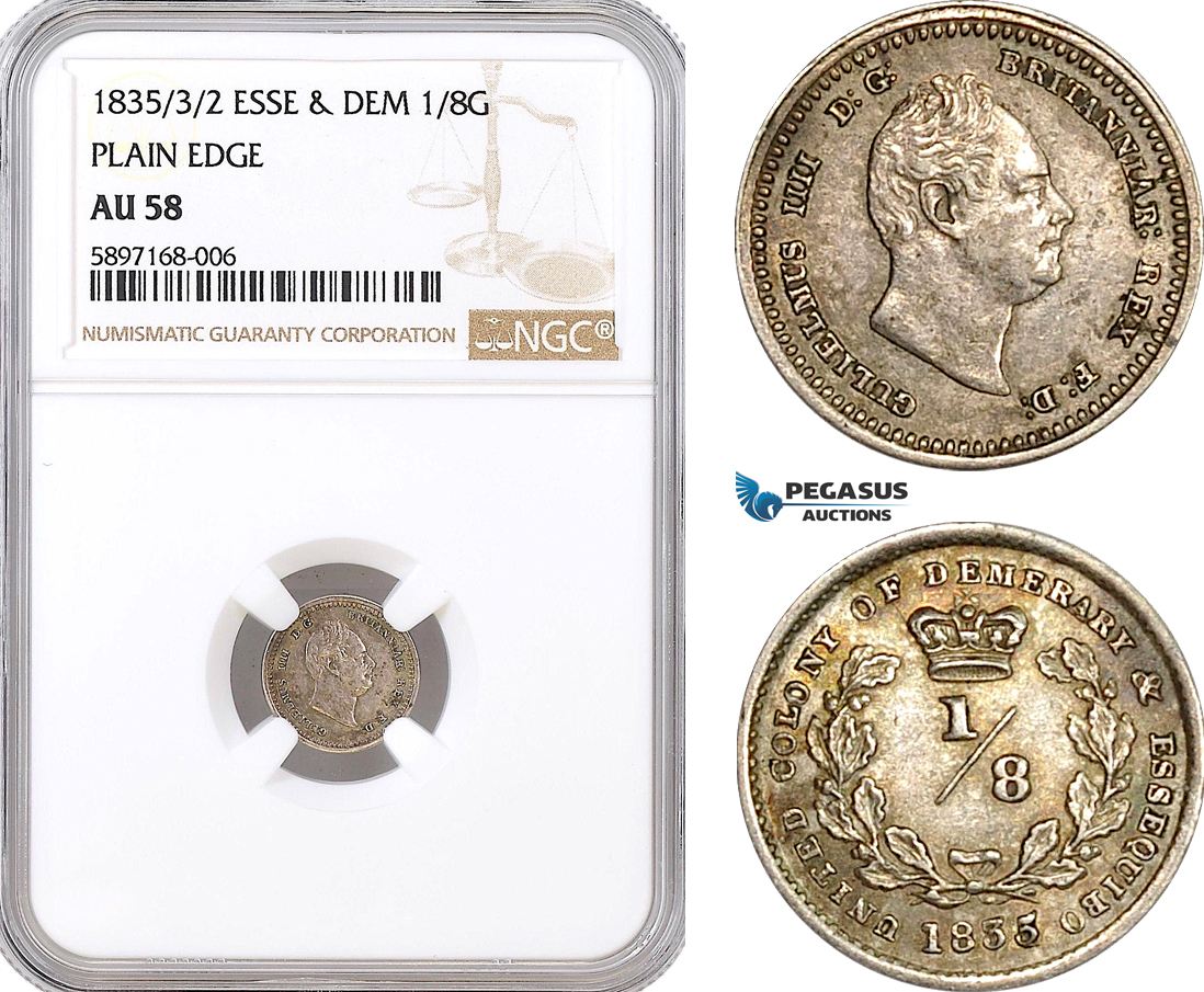 AF314, Essequibo & Demerary, William IV, 1/8 Guilder 1835/3/2, Silver, NGC AU58, Pop 1/1