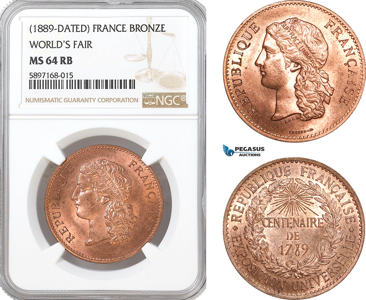 AF322, France, Bronze Medal 1889 Dated, World's Fair, NGC MS64RB