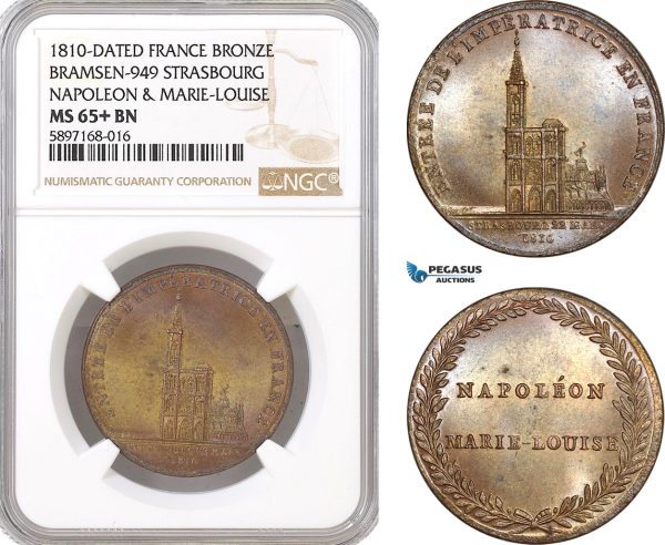 AF323, France, Bronze Medal 1810 Dated, Napoleon & Marie-Louise, Bram-949, Strasbourg, NGC MS65+BN, Pop 1/0