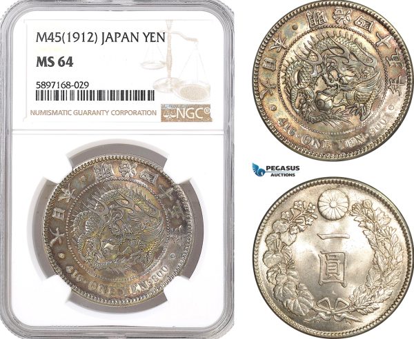 AF334, Japan, Meiji, Yen Yr. 45 (1912) Silver, NGC MS64