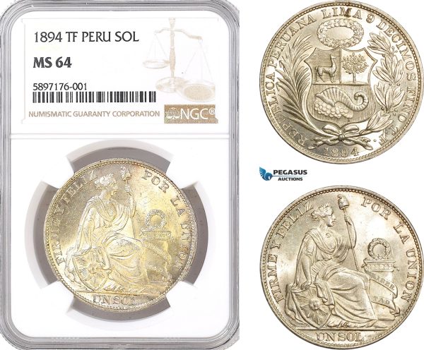 AF344, Peru, Sol 1894 TF, Lima, Silver, NGC MS64