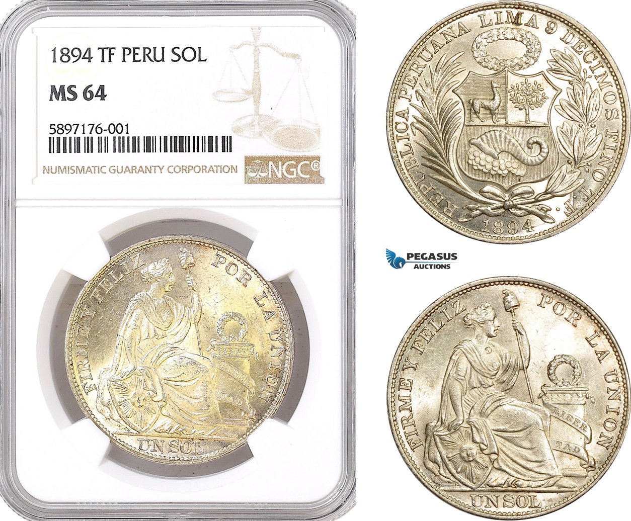 AF344, Peru, Sol 1894 TF, Lima, Silver, NGC MS64