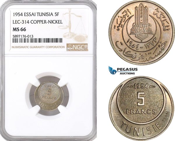 AF358, Tunisia, Essai 5 Francs 1954, Lec-314, Copper-Nickel, NGC MS66