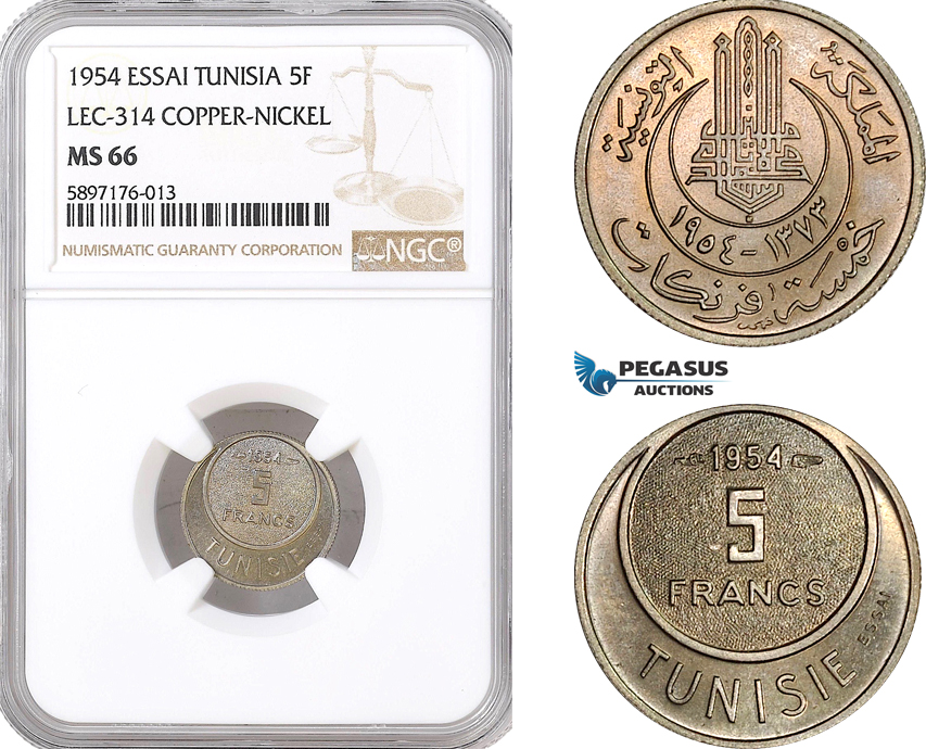 AF358, Tunisia, Essai 5 Francs 1954, Lec-314, Copper-Nickel, NGC MS66