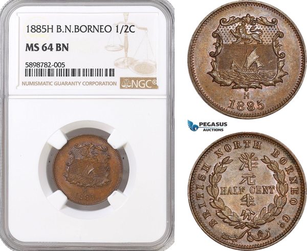 AF369, British North Borneo, 1/2 Cent 1885-H, Heaton, NGC MS64BN, Pop 2/0