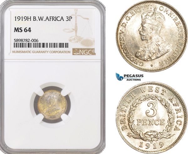 AF370, British West Africa, George V, Threepence (3p) 1919-H, Heaton, Silver, NGC MS64